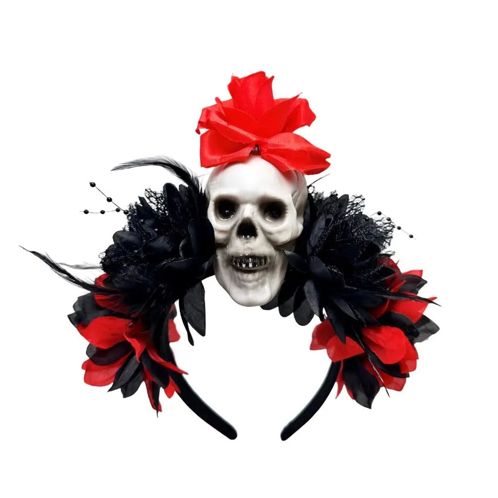Dark Skull Head Headband Halloween Decor Bat Halloween Skull Headband Simulation Flowers Gothic Day of The Dead Headband Party