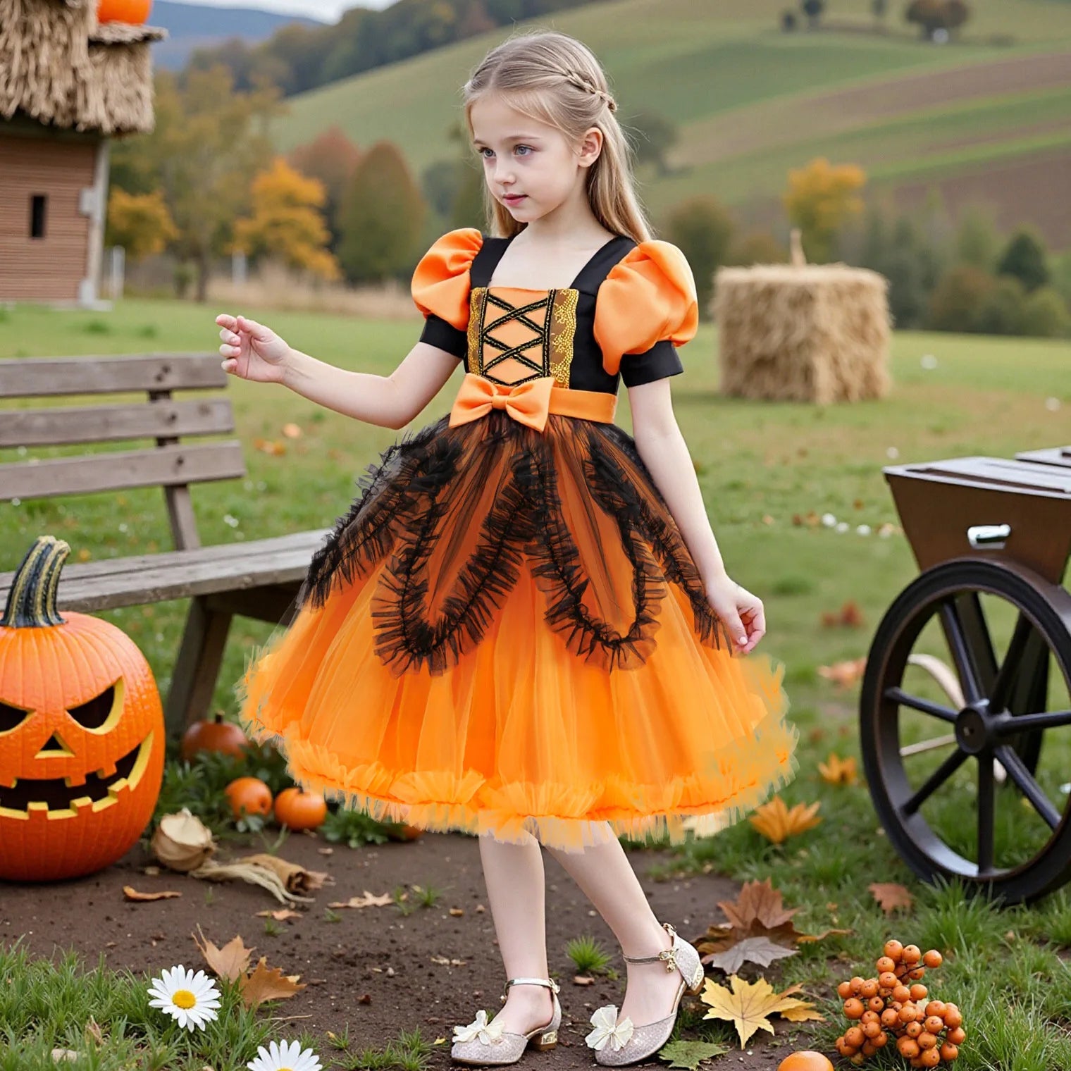 Halloween costume girl cosplay performance kids dress orange dress+pumpkin full set of special occasion costumes
