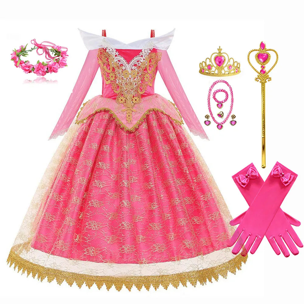 Halloween Costume  Autumn and Winter New Girls Aurora Dress Sleeping Beauty Princess Aurora Skirt Super Fairy Foreign Style Lace