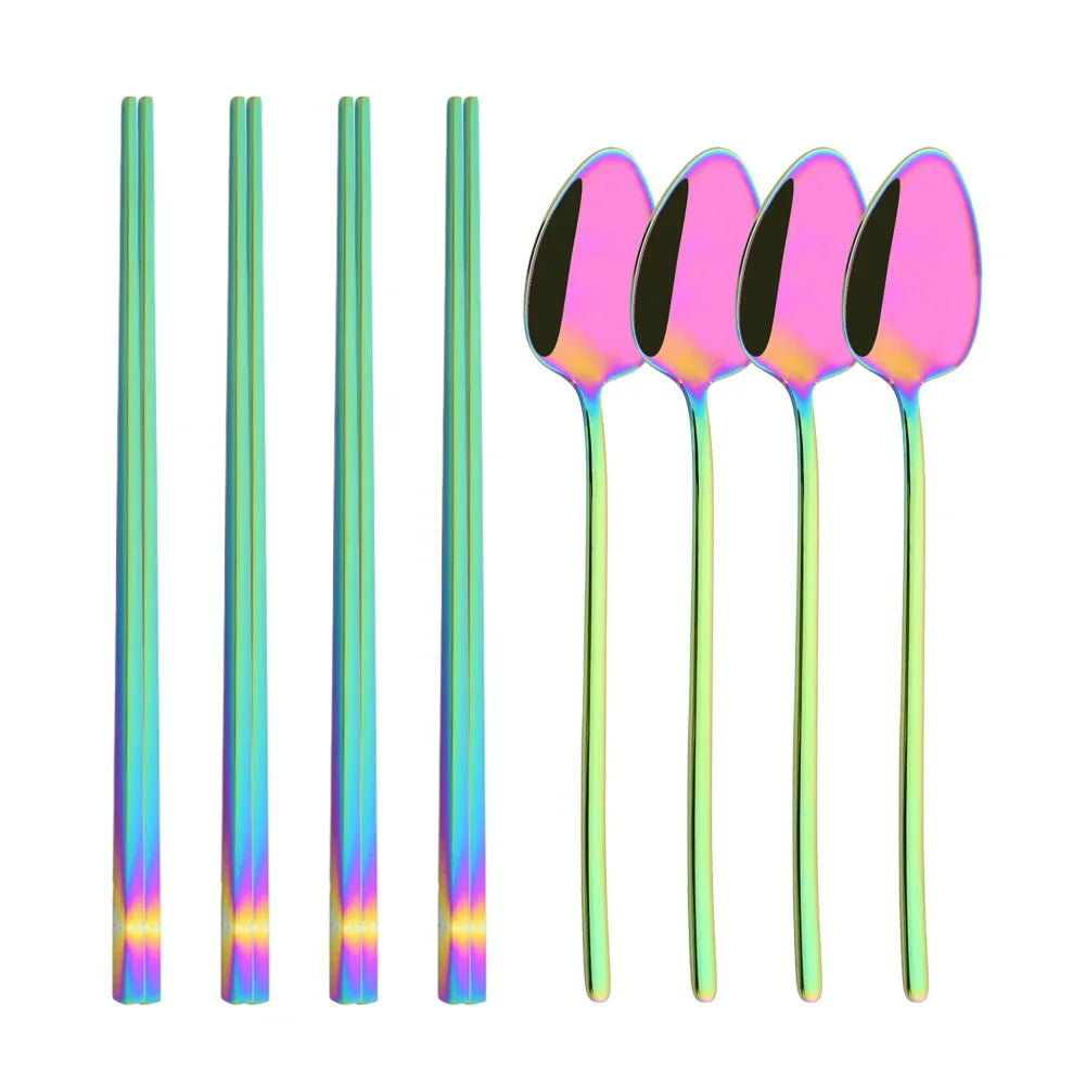 Korean 8Pcs Tableware Set High Quality Stainless Steel Dinner Set Black Gold Luxury Dinnerware Spoon Chopsticks Cutlery Set