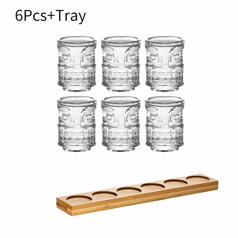 Creative Mini Tiki Glass Cup Shot Glasses Stacking Cups Cocktail Glass Tiki Cup Set With 6 Holes Tray Tiki Bar Accessories