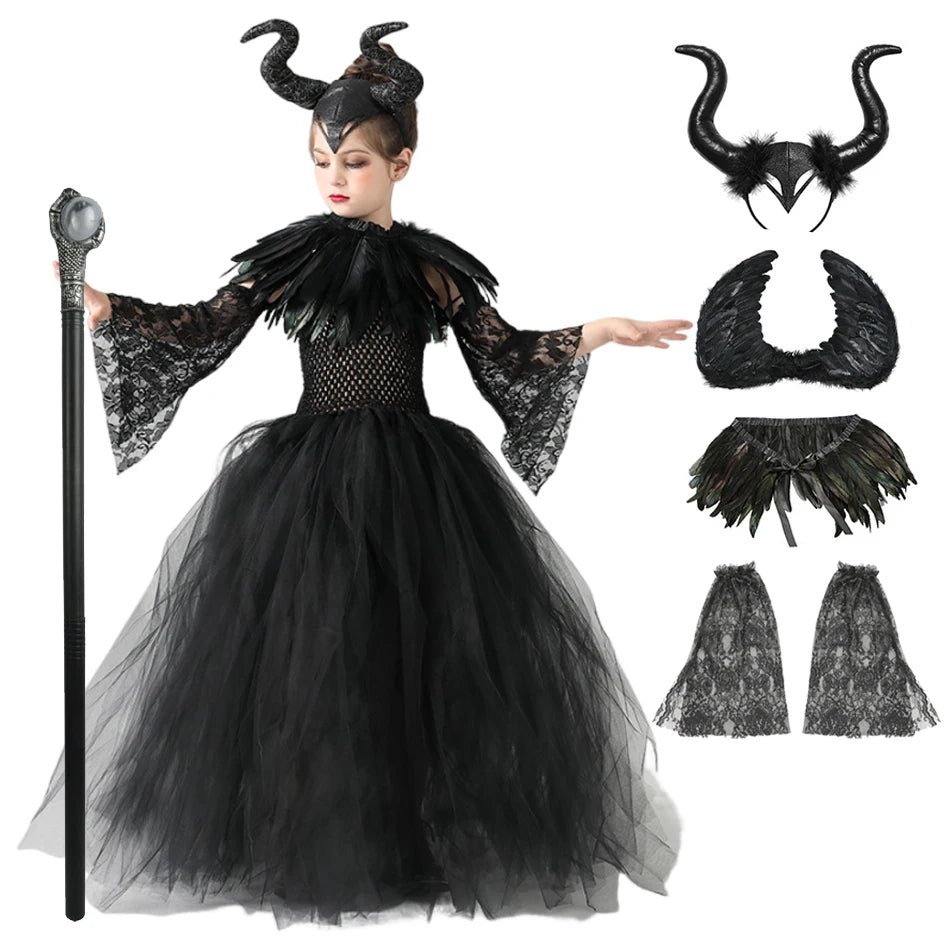 Carnival Costume Maleficent Tutu Girls Cosplay Evil Queen Black Mesh Princess Dress Children's Raven Wand Demonic Witch Dress