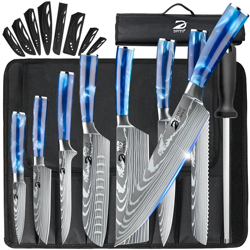 MDHAND 8pcs Kitchen Knife Damascus Stainless Steel Chef Knife Utility Paring Boning Cleaver Slicing Santoku Knives Nylon Bag