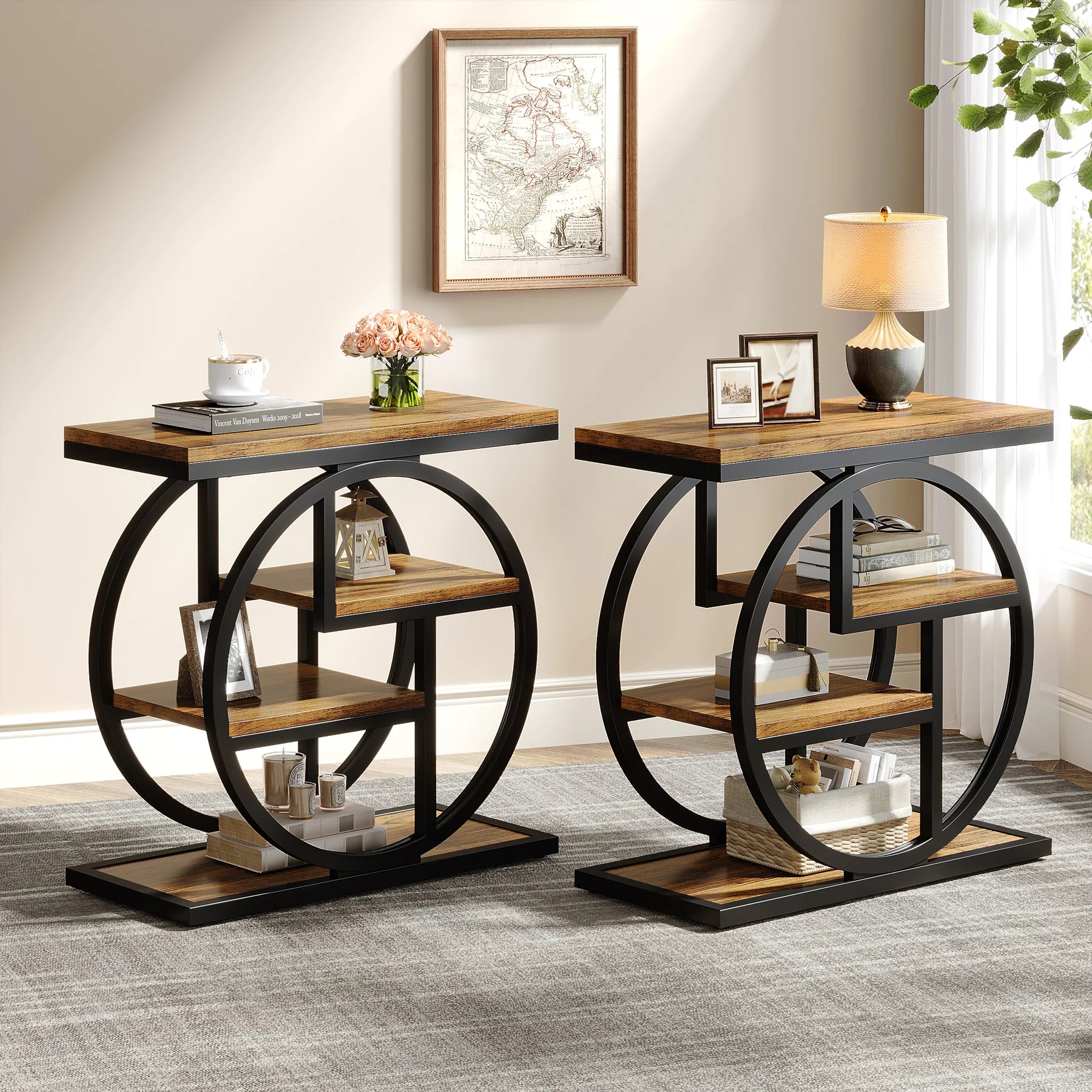 Tribesigns End Table, Narrow End Table with 3 Storage Shelves, Wooden Side Table, Industrial Small Sofa Side Table