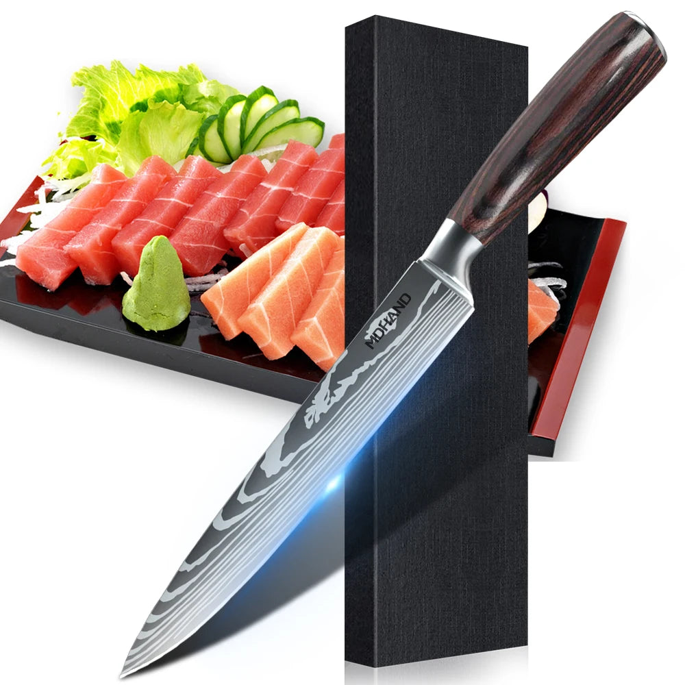 MDHAND 1-10PCS Chef knife Japanese Kitchen Knives Set Professional Laser Damascus Pattern Stainless Steel Cleaver Slicer Knife