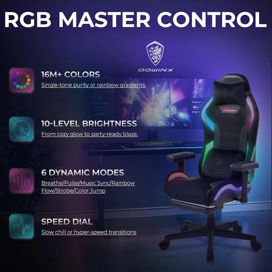 Gaming Chair with RGB LED Lights Ergonomic Game Chair with Footrest Massage Lumbar Support Computer Gamer Chair for Adults Teen