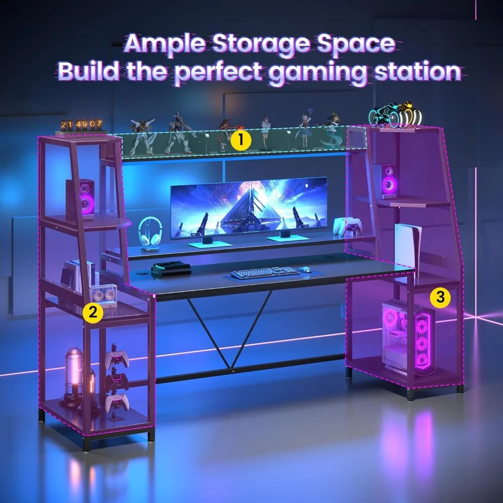 Gaming Desk 78.8'' with LED Lights, Hutch and Storage Shelves, Computer Desk with Monitor Stand, Large PC Gamer Desk Workstatio