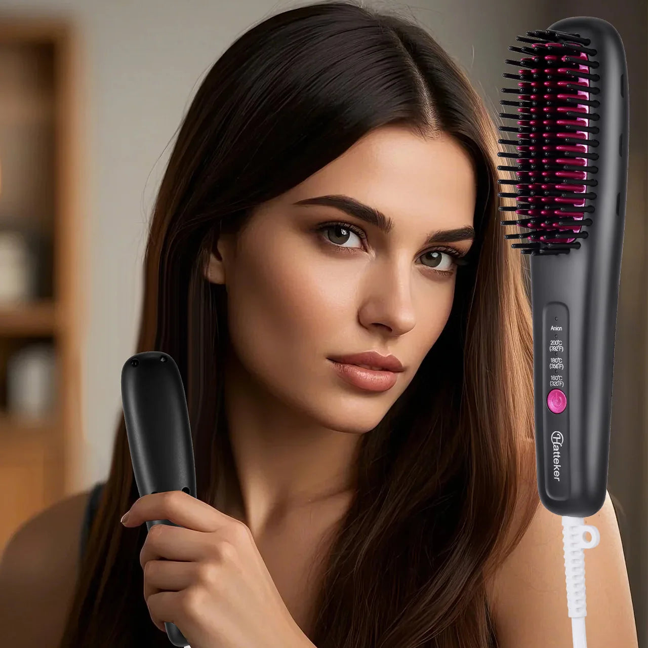 Hair Straightening Brush Portable Home Negative Ion Straightener with Multi-Heat Settings 3-Temp Ceramic Damage-Free Styling