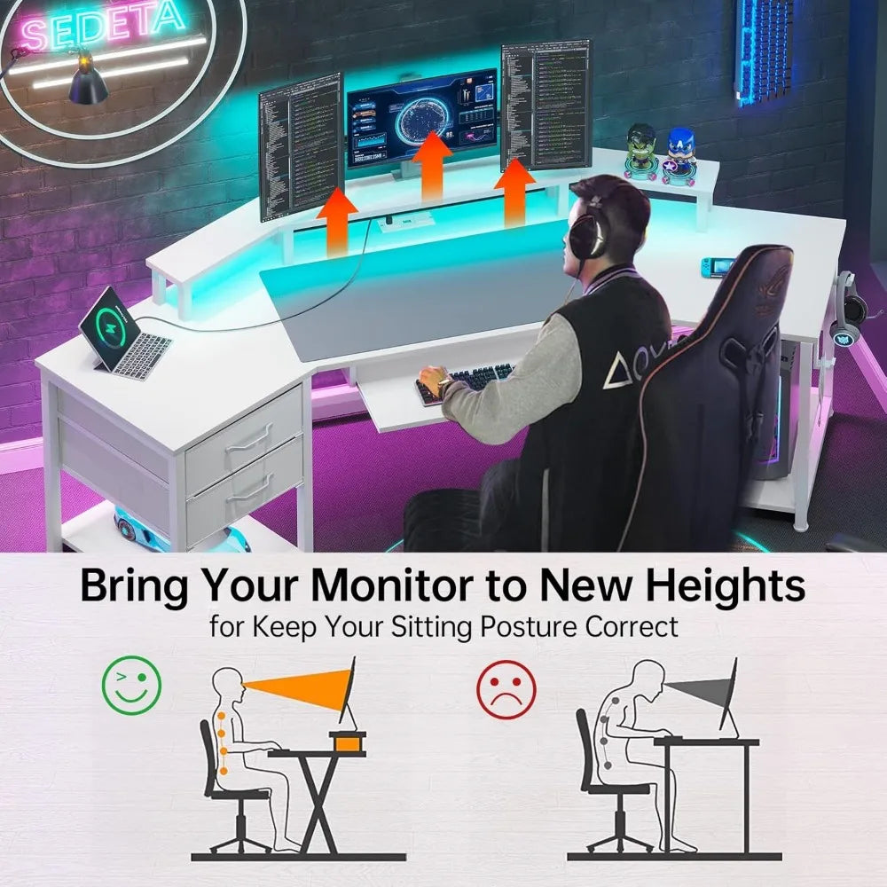 79" Gaming Desk, Computer Desk with 2 Fabric Drawers & LED Light, White Small Desk with Storage for Home Office, Carbon Fiber W