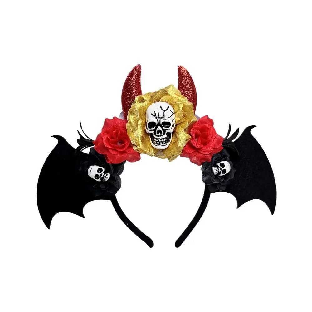 Gothic Skull Head Hair Hoop Simulation Flowers Bat Halloween Skull Headband Dark Decor Day of The Dead Hairband Girls/Children