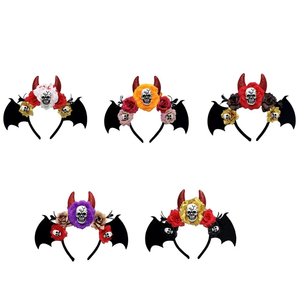 Gothic Skull Head Hair Hoop Simulation Flowers Bat Halloween Skull Headband Dark Decor Day of The Dead Hairband Girls/Children