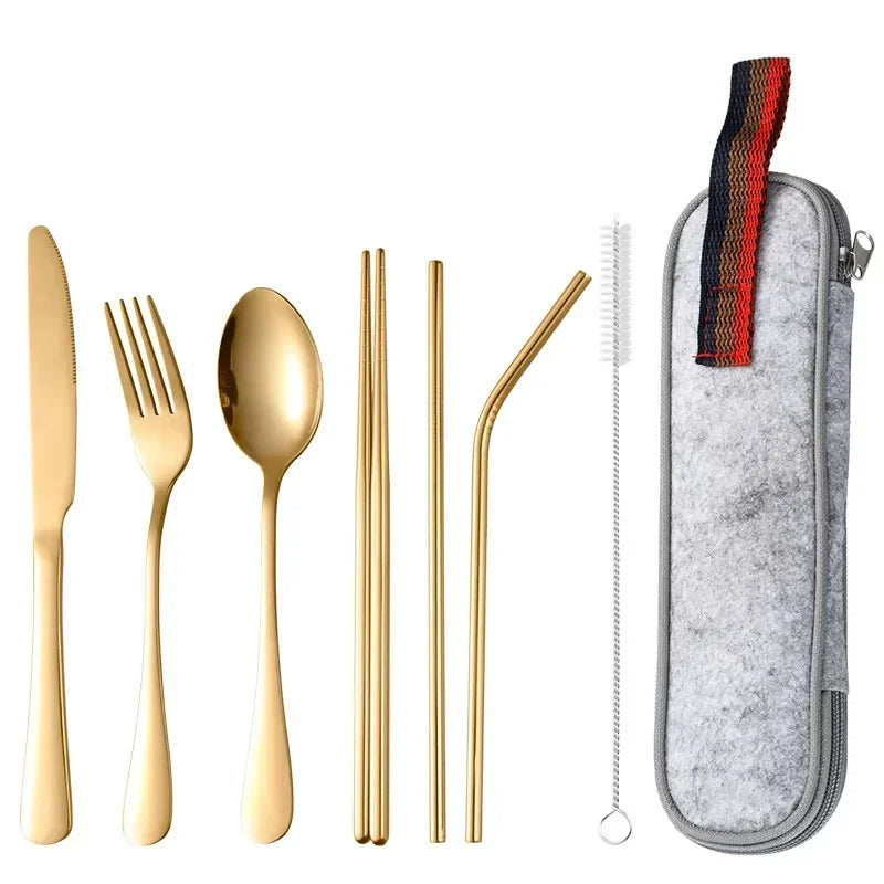 8 Pieces Cutlery Set, Stainless Steel Western Tableware, Classic Dinner Set, Knife, Fork, Straw, Restaurant Dining Dinnerware