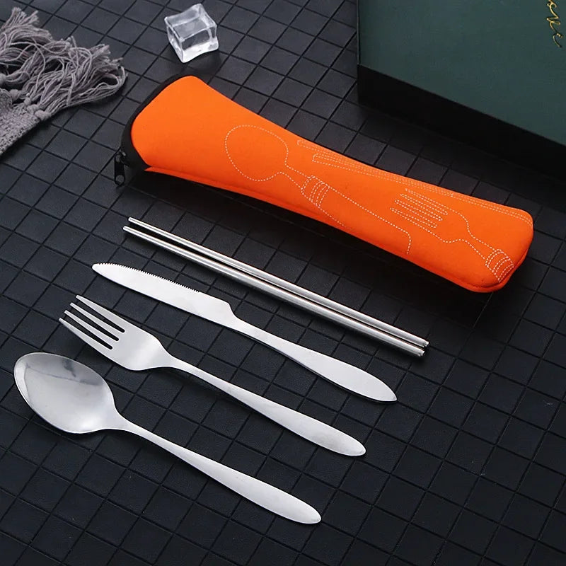 4Pcs Set Stainless Steel Dinnerware Portable Knifes Fork Spoon Family Camping Steak Cutlery Set Tableware with Bag Vajilla