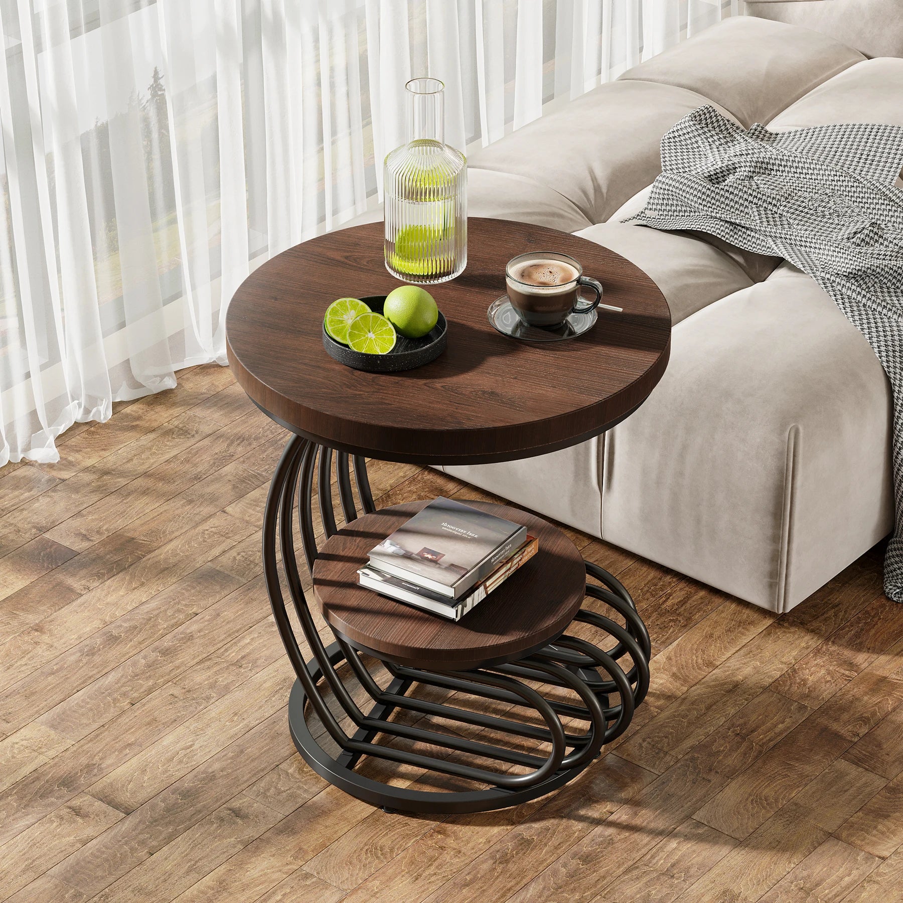 Tribesigns Gold Round End Table: 2 Tiers Faux Marble Side Table with Storage Shelf, Modern White Gold Bedside Nightstand