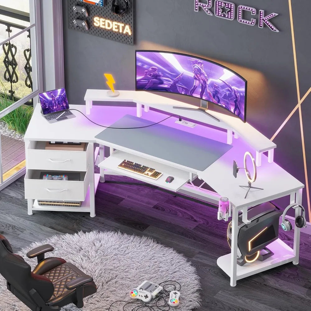 79" Gaming Desk, Computer Desk with 2 Fabric Drawers & LED Light, White Small Desk with Storage for Home Office, Carbon Fiber W