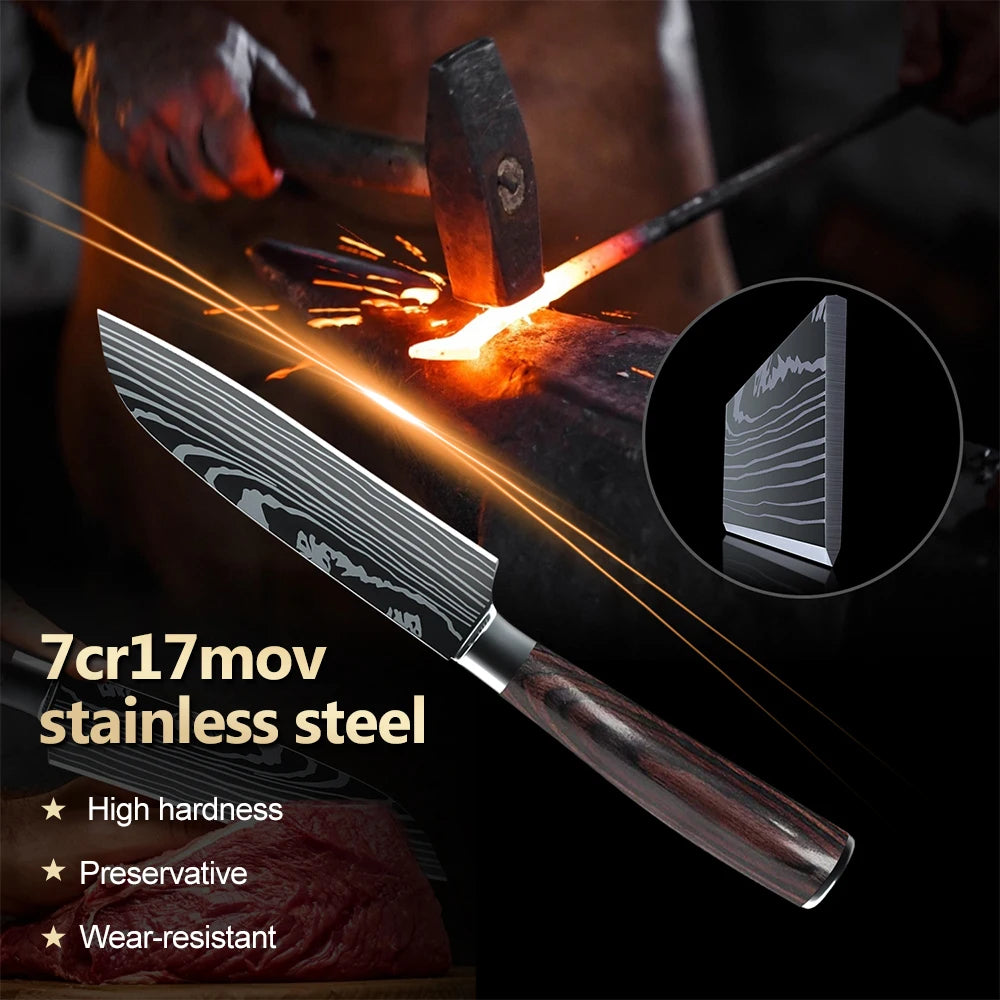 MDHAND 1-10PCS Chef knife Japanese Kitchen Knives Set Professional Laser Damascus Pattern Stainless Steel Cleaver Slicer Knife