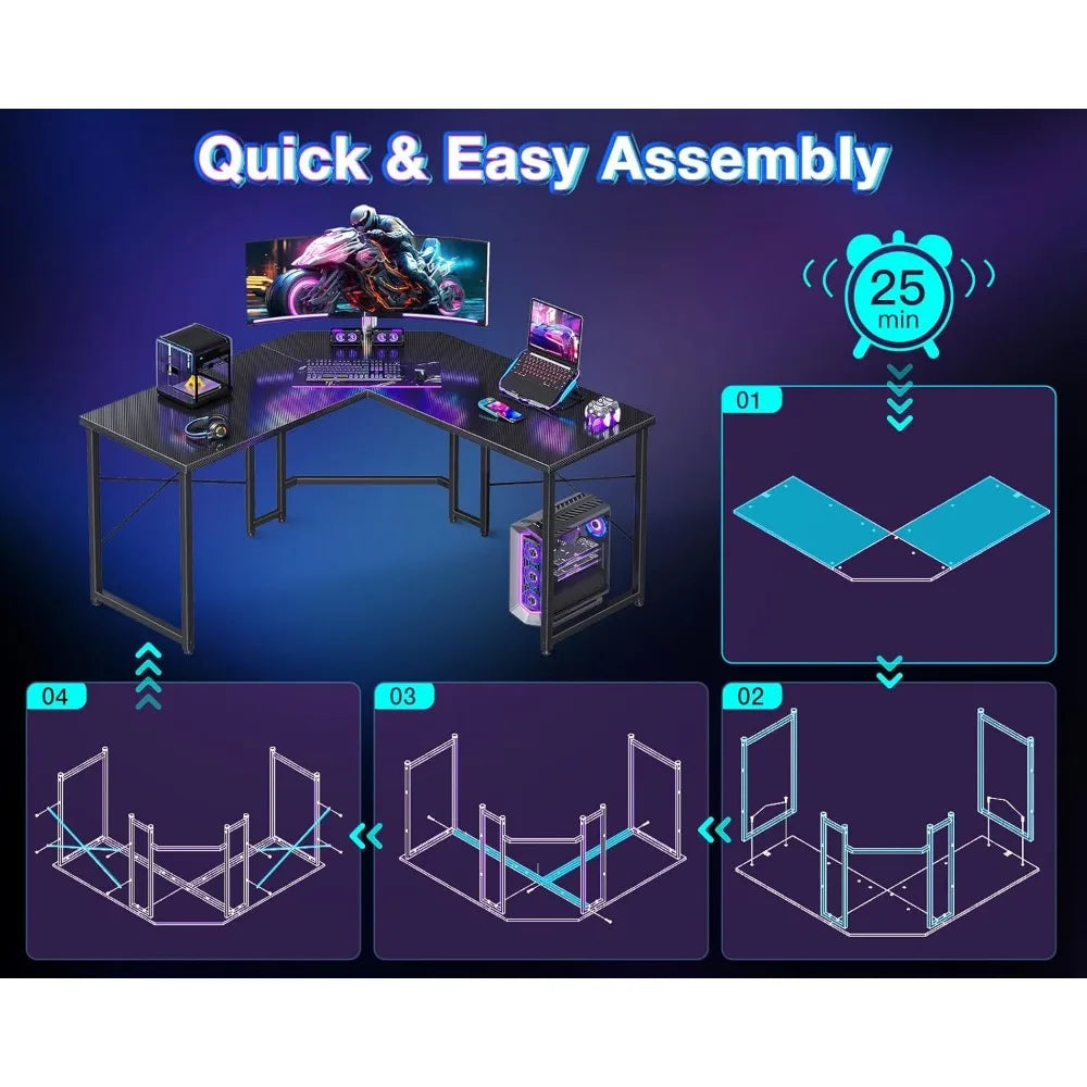 L Shaped Gaming Desk, Corner Desk Gaming Table for Home Office, Computer Desk Sturdy Writing Workstation for Small Space, Easy
