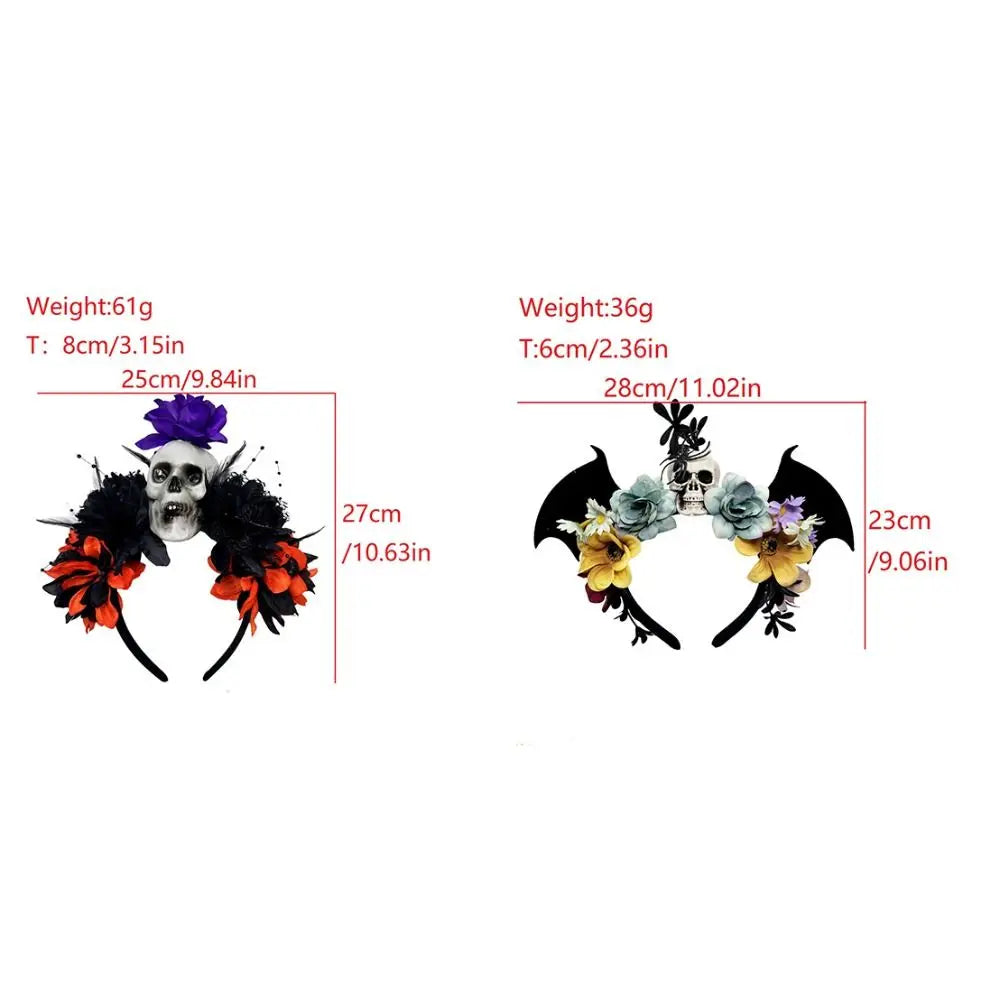 Dark Skull Head Headband Halloween Decor Bat Halloween Skull Headband Simulation Flowers Gothic Day of The Dead Headband Party