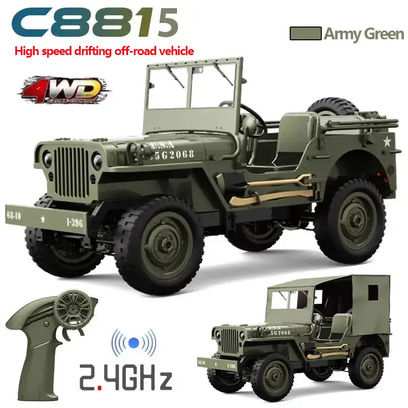 C8815 1/10 WILLYS 2.4G Rc Car 1941 4WD RTR Crawler Climbing Scale Military Truck Offroad Vehicle Adult Toys Gift For Kids