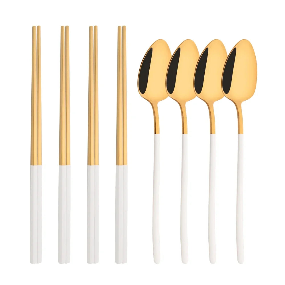 Korean 8Pcs Tableware Set High Quality Stainless Steel Dinner Set Black Gold Luxury Dinnerware Spoon Chopsticks Cutlery Set