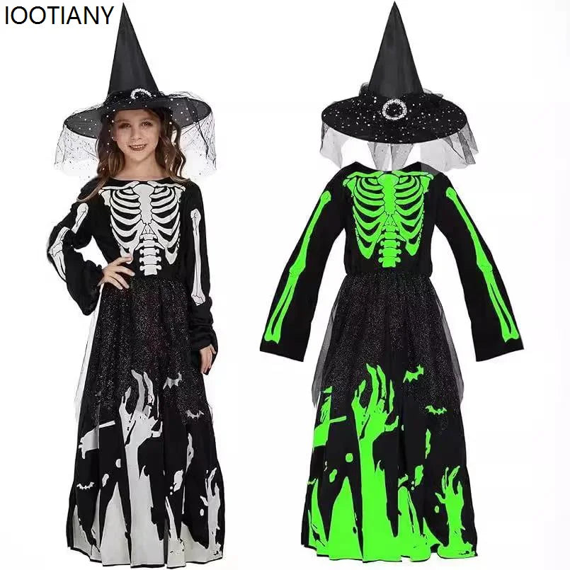 Halloween Skeleton Death Cosplay Costume Kids Horror Death Phantom Luminous Dress Up Girls Carnival Theme Party Terror Costumes