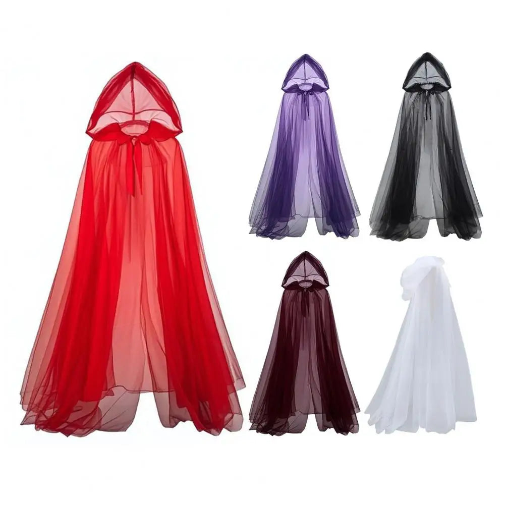 Halloween Ghost Cosplay Costume Cloak Adult Hooded Lace-up Witch Cloak Costume Full-Length Sheer Cape with Oversized Hood