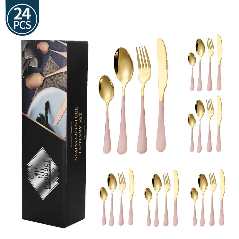 Stainl Steel Western Dining Utensils Set 24-Piece Set Steak Knife Fork Spoon Dinnerware Set Korean Sle Children's Cutler...