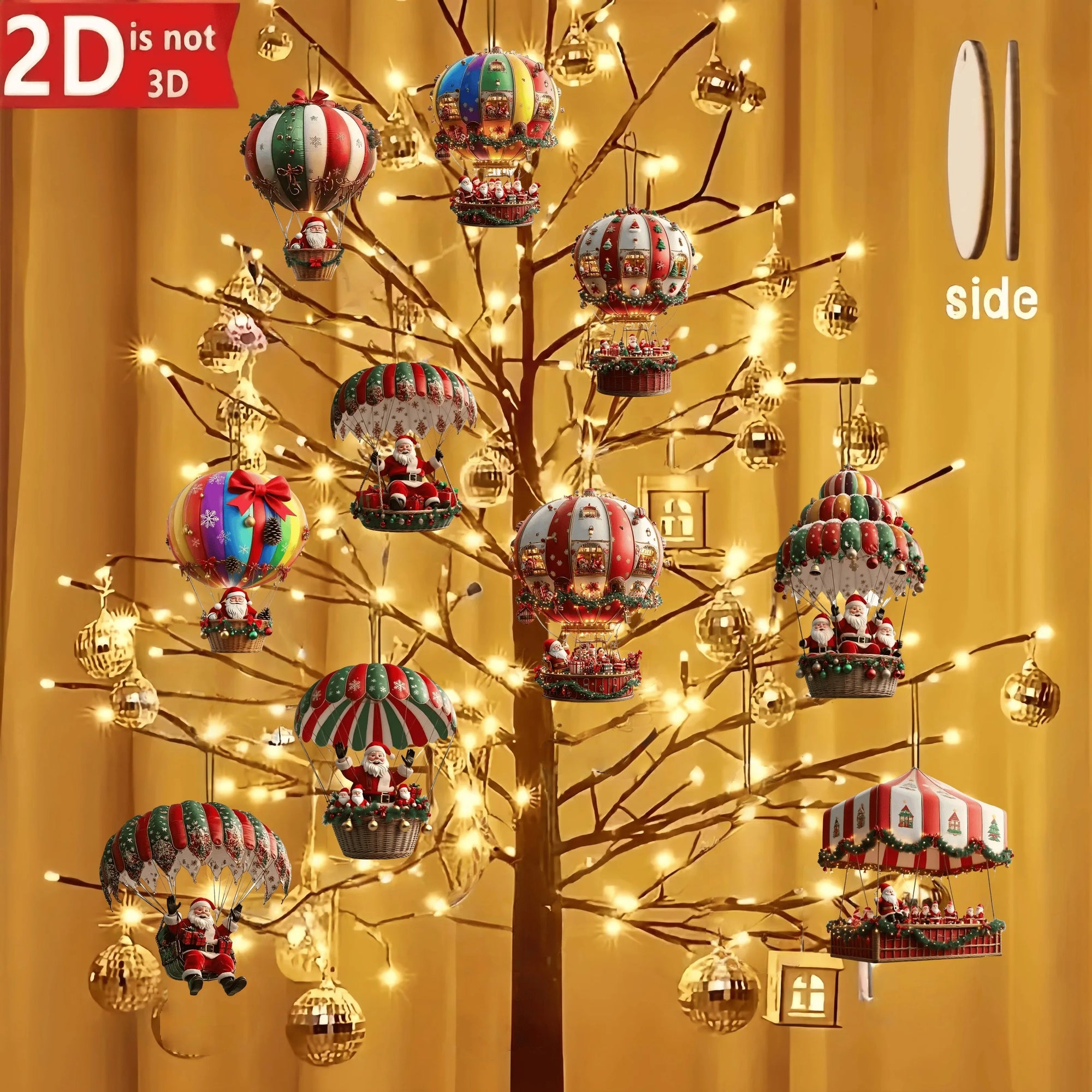 12Pcs Christmas Wooden Hot Air Balloon Santa Claus 2D Flat Wooden Pendant Christmas Tree Decoration Perfect Holiday Gift Decor