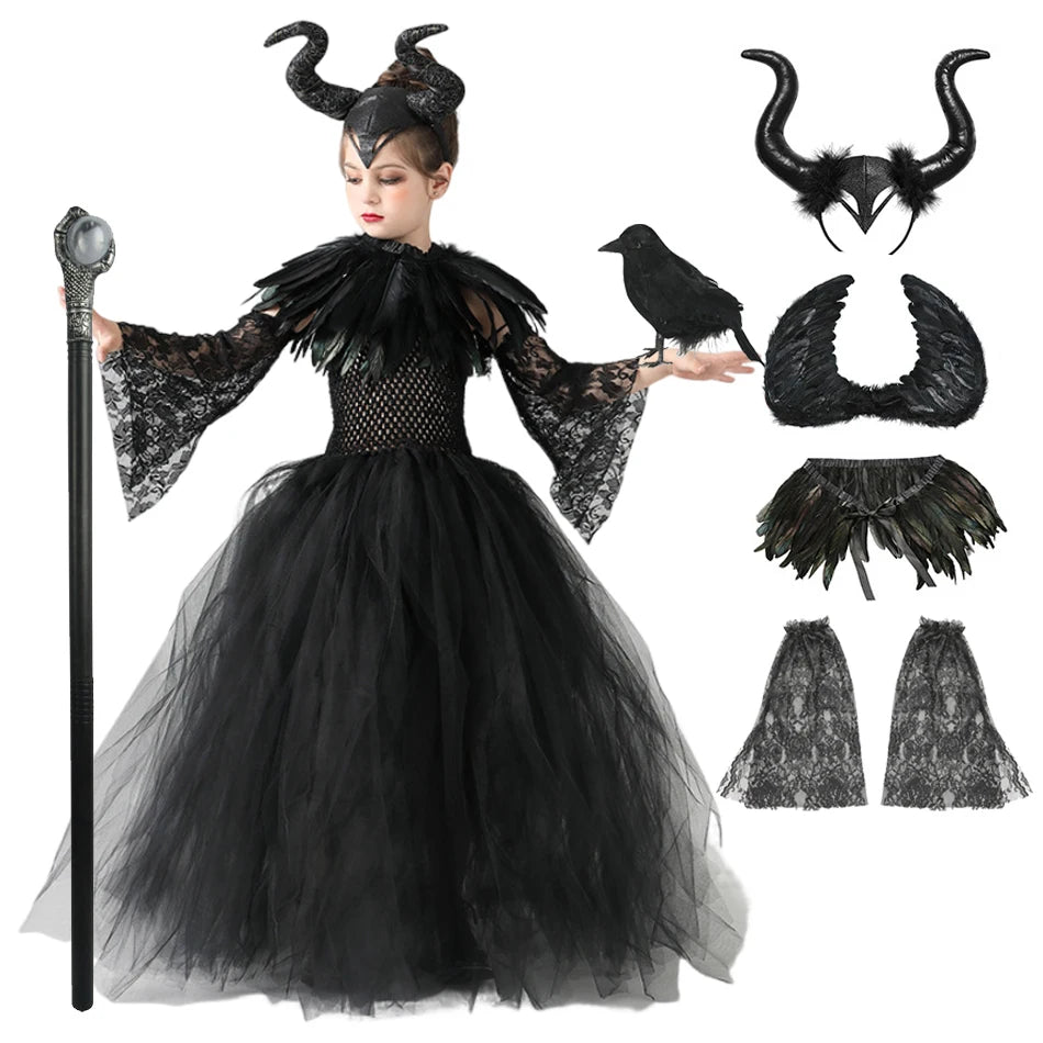Carnival Costume Maleficent Tutu Girls Cosplay Evil Queen Black Mesh Princess Dress Children's Raven Wand Demonic Witch Dress