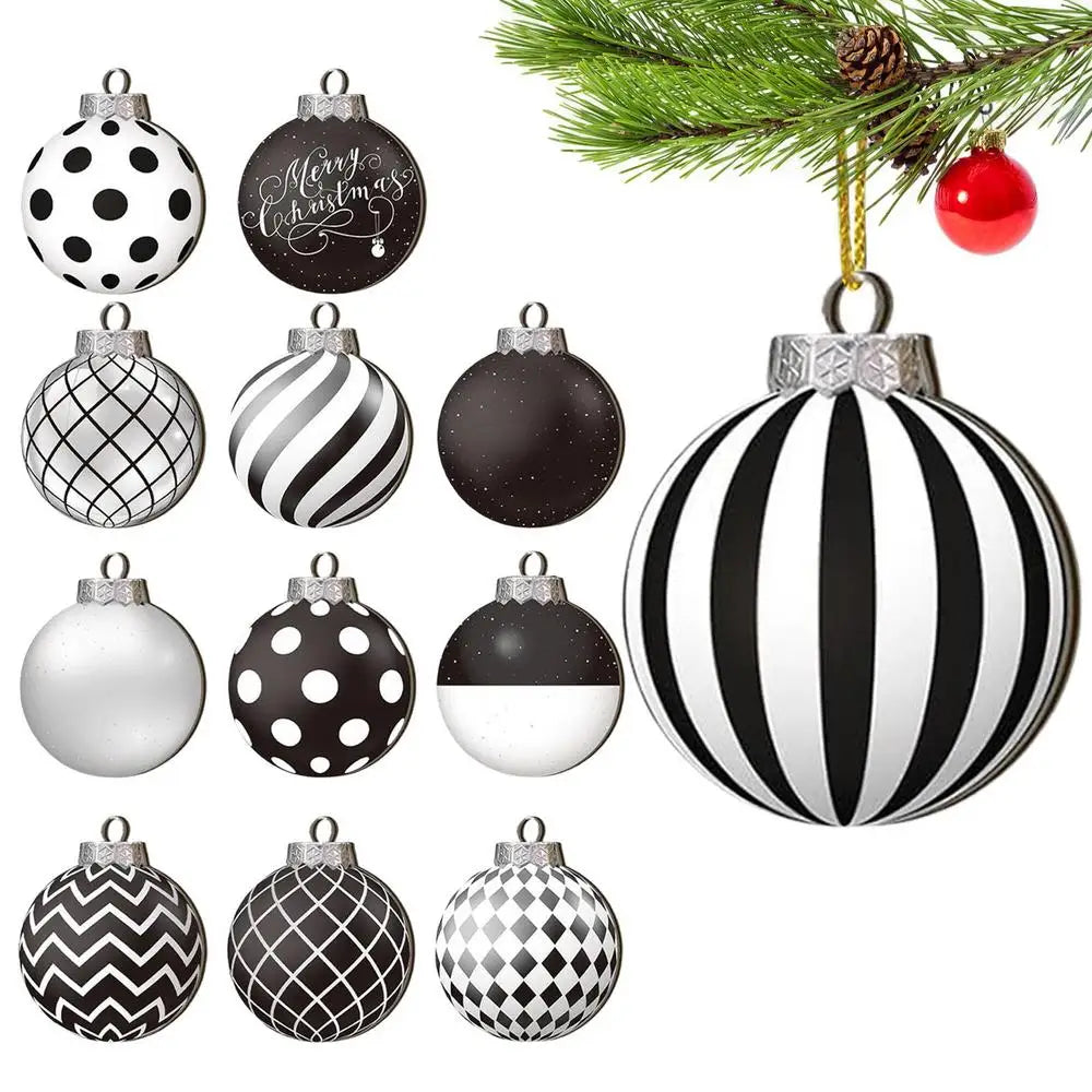 12pcs 8cm Christmas Balls Ornaments Funny Wooden Shatterproof Christmas Tree Decorations black white ball Christmas Decor