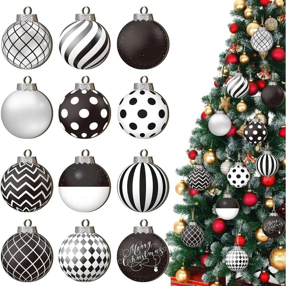 12pcs 8cm Christmas Balls Ornaments Funny Wooden Shatterproof Christmas Tree Decorations black white ball Christmas Decor