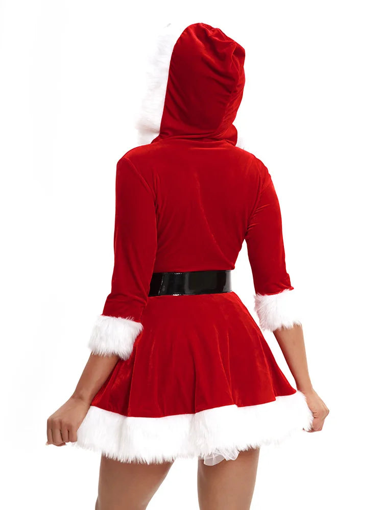 New Fashion Women Half Sleeve Solid Popular Ladies Santa Claus Xmas Theme Costume Cosplay Outfit Waistbelt Fancy Christmas Dress