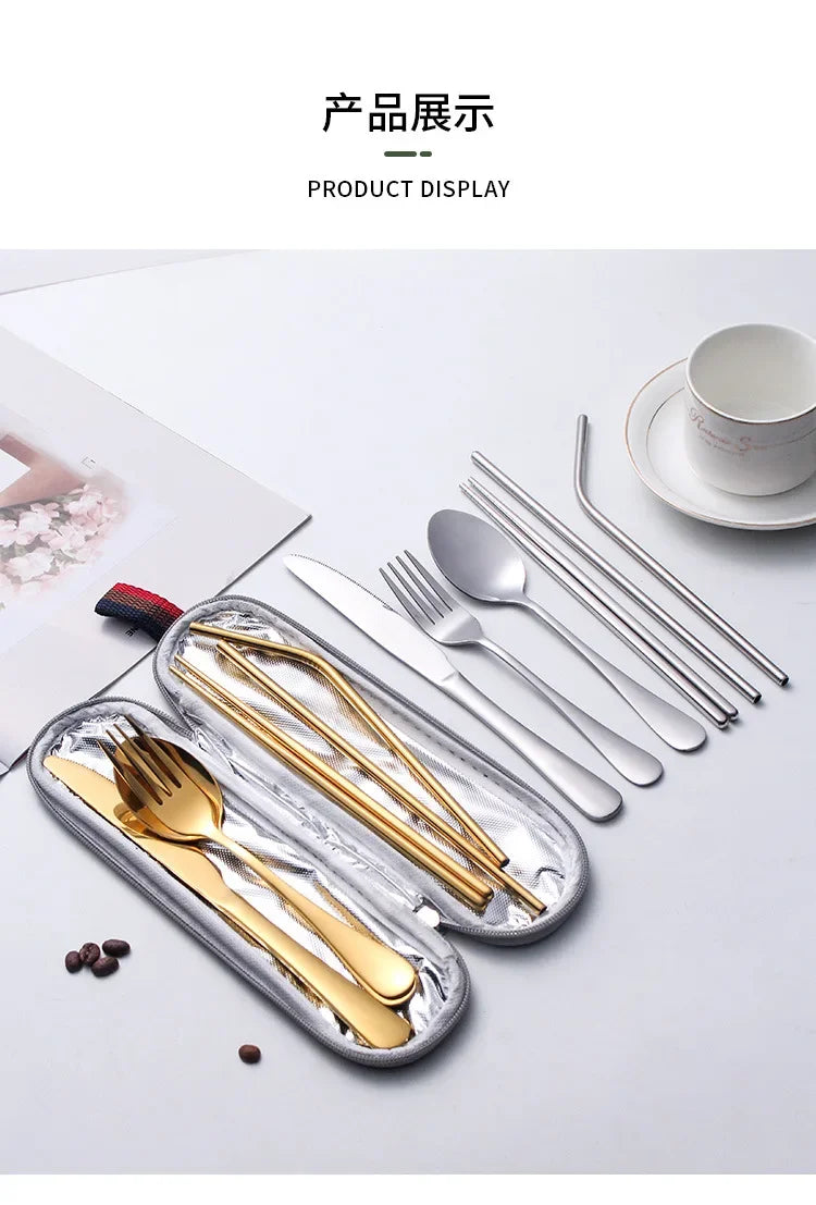 8 Pieces Cutlery Set, Stainless Steel Western Tableware, Classic Dinner Set, Knife, Fork, Straw, Restaurant Dining Dinnerware