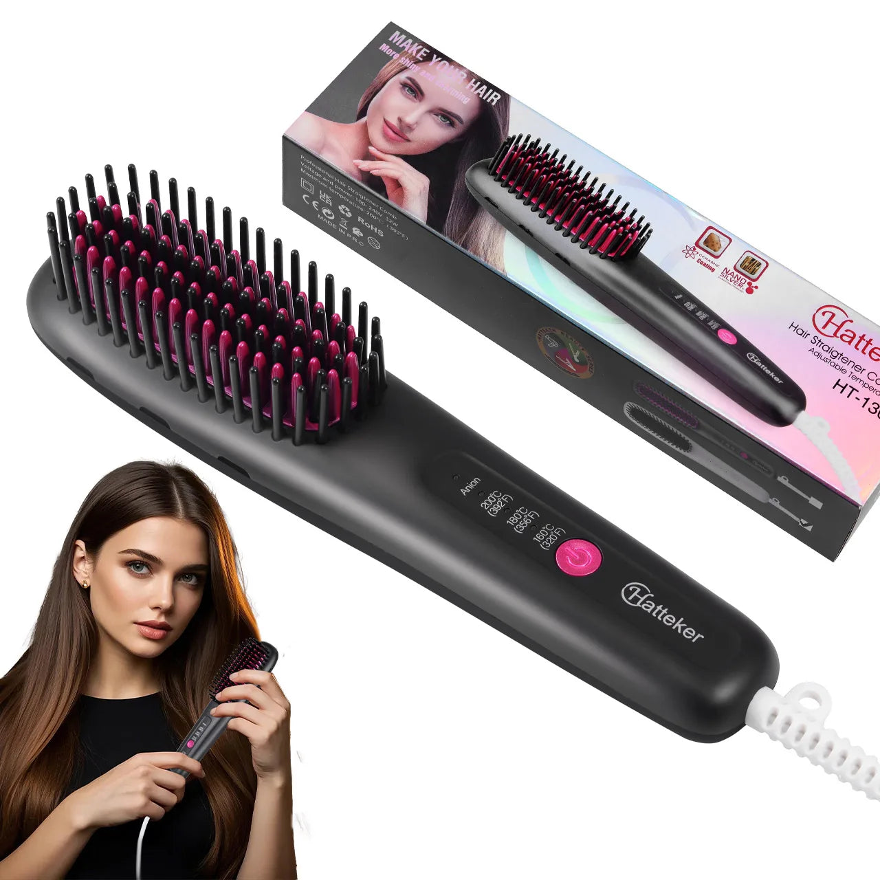 Hair Straightening Brush Portable Home Negative Ion Straightener with Multi-Heat Settings 3-Temp Ceramic Damage-Free Styling