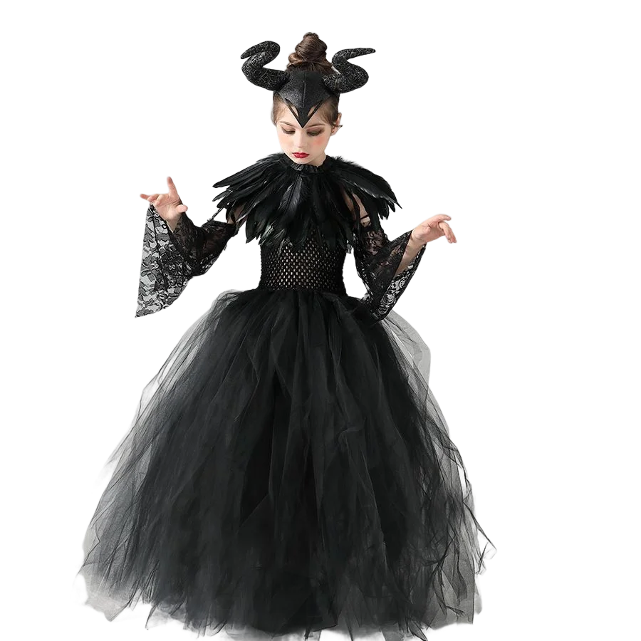 Carnival Costume Maleficent Tutu Girls Cosplay Evil Queen Black Mesh Princess Dress Children's Raven Wand Demonic Witch Dress