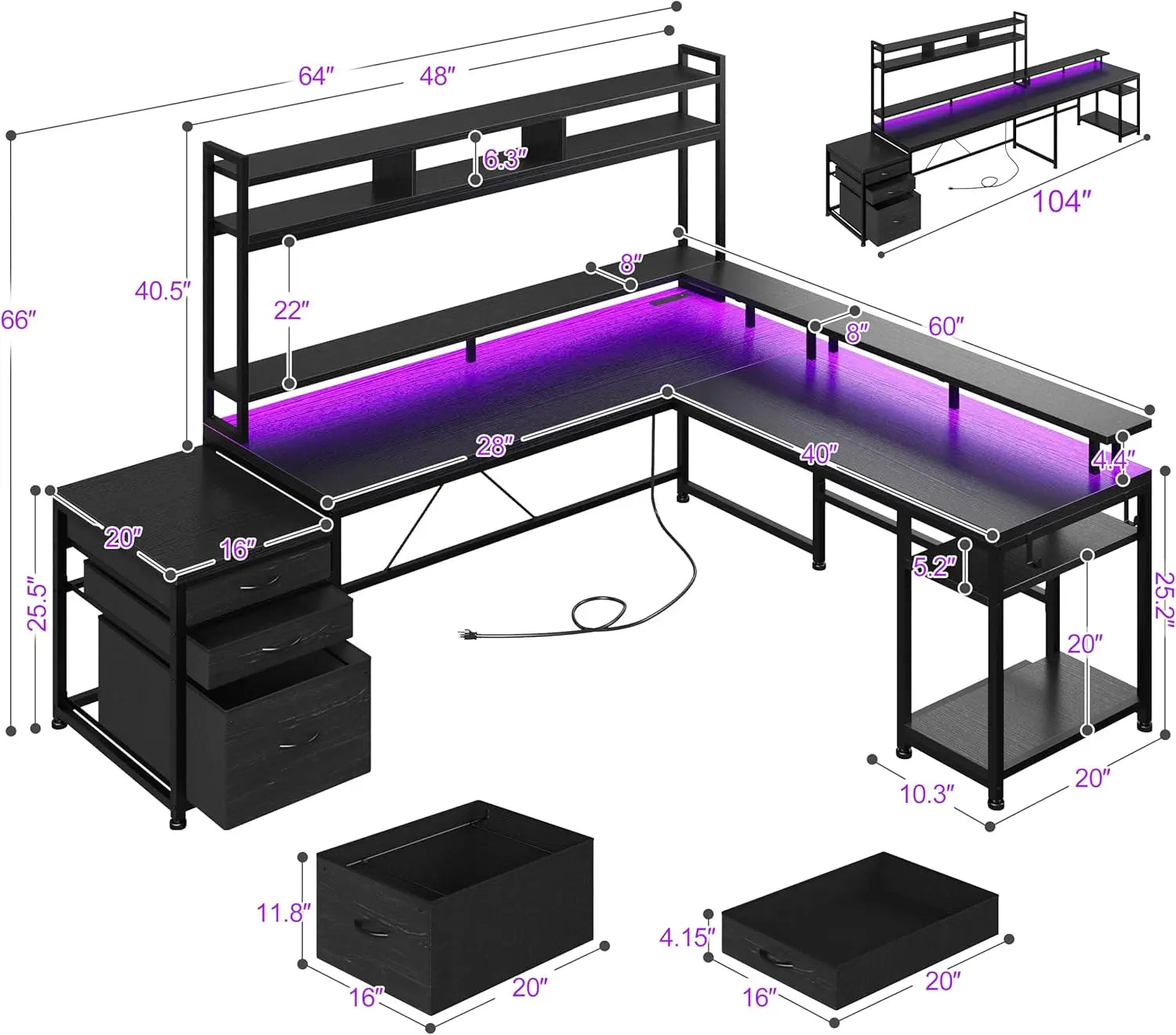 Large L Shaped Gaming Desk with Hutch and Drawers,64" W L Shaped Desk with Storage Shelves,Monitor Stand and LED Light for Home