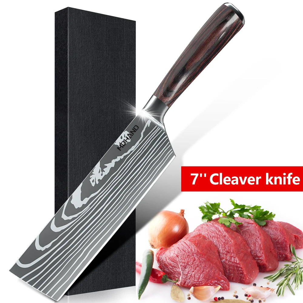 MDHAND 1-10PCS Chef knife Japanese Kitchen Knives Set Professional Laser Damascus Pattern Stainless Steel Cleaver Slicer Knife