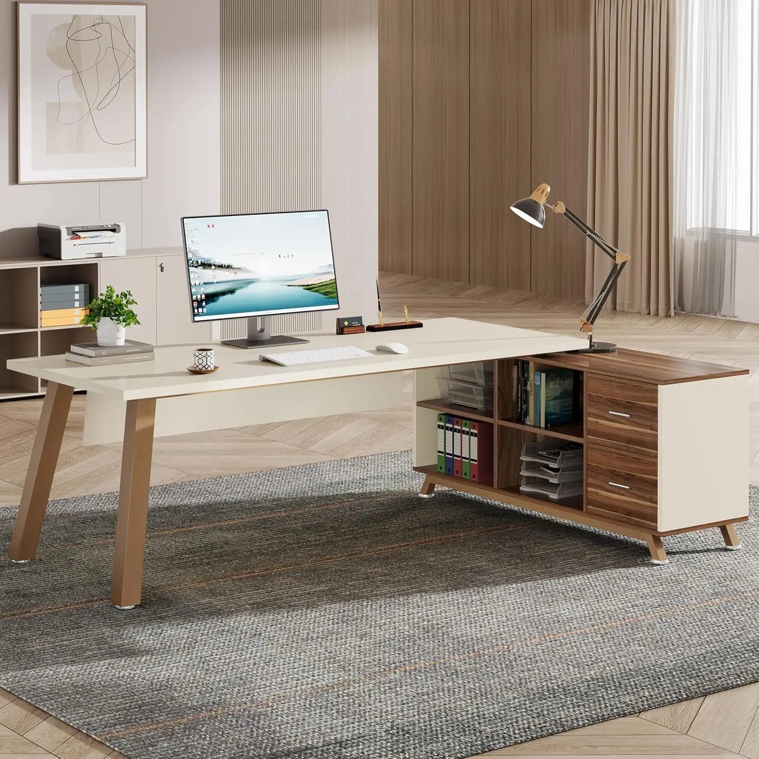 78.7-Inch Executive Desk, L-Shaped Desk with 55-Inch Cabinet, Large Office Desk with Storage Shelves, Modern Computer Desk for