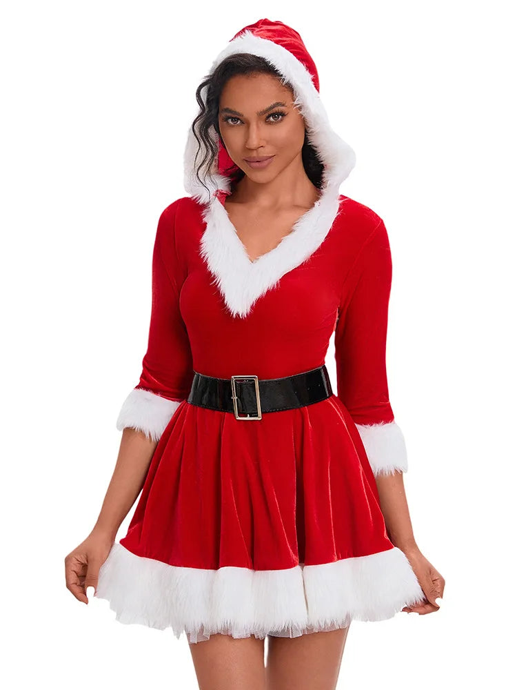 New Fashion Women Half Sleeve Solid Popular Ladies Santa Claus Xmas Theme Costume Cosplay Outfit Waistbelt Fancy Christmas Dress