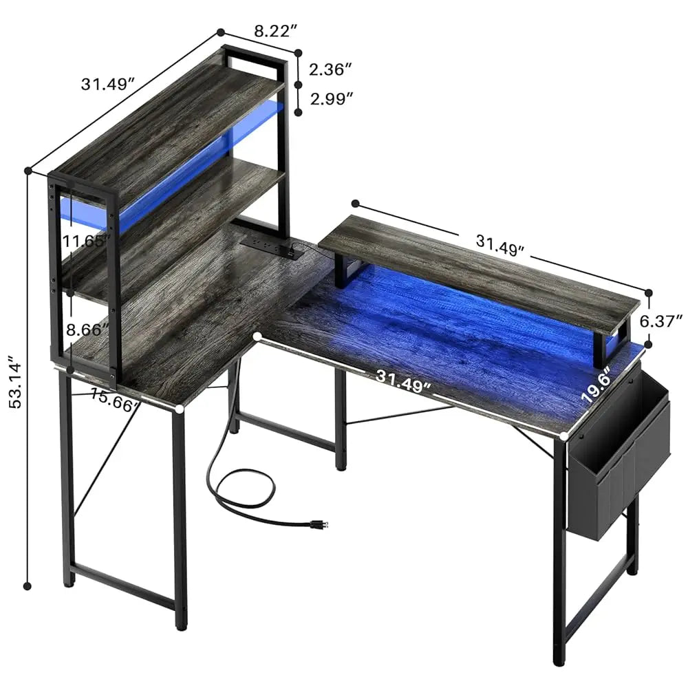 L Shaped Computer Desk With Bookshelf, 47 H Reversible Corner Gaming Desk With Charging Station & Led Light, Home Office Desk