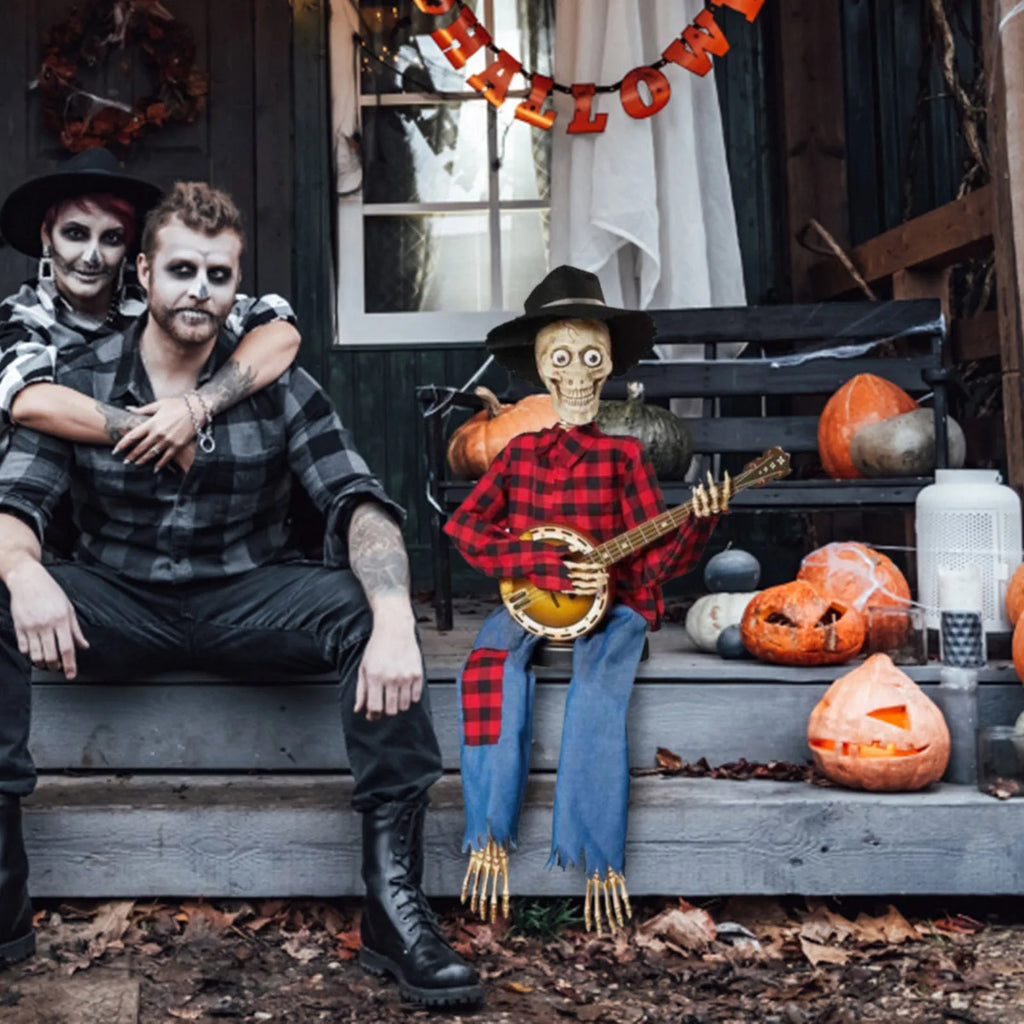 Halloween Fun Skull Playing Guitar Luminous Ornament Room Decor Farmhouse Skeleton Sculpture Christmas Decoration Gift 2024