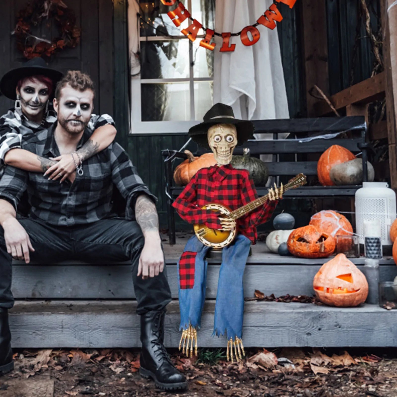 Halloween Fun Skull Playing Guitar Luminous Ornament Room Decor Farmhouse Skeleton Sculpture Christmas Decoration Gift 2024