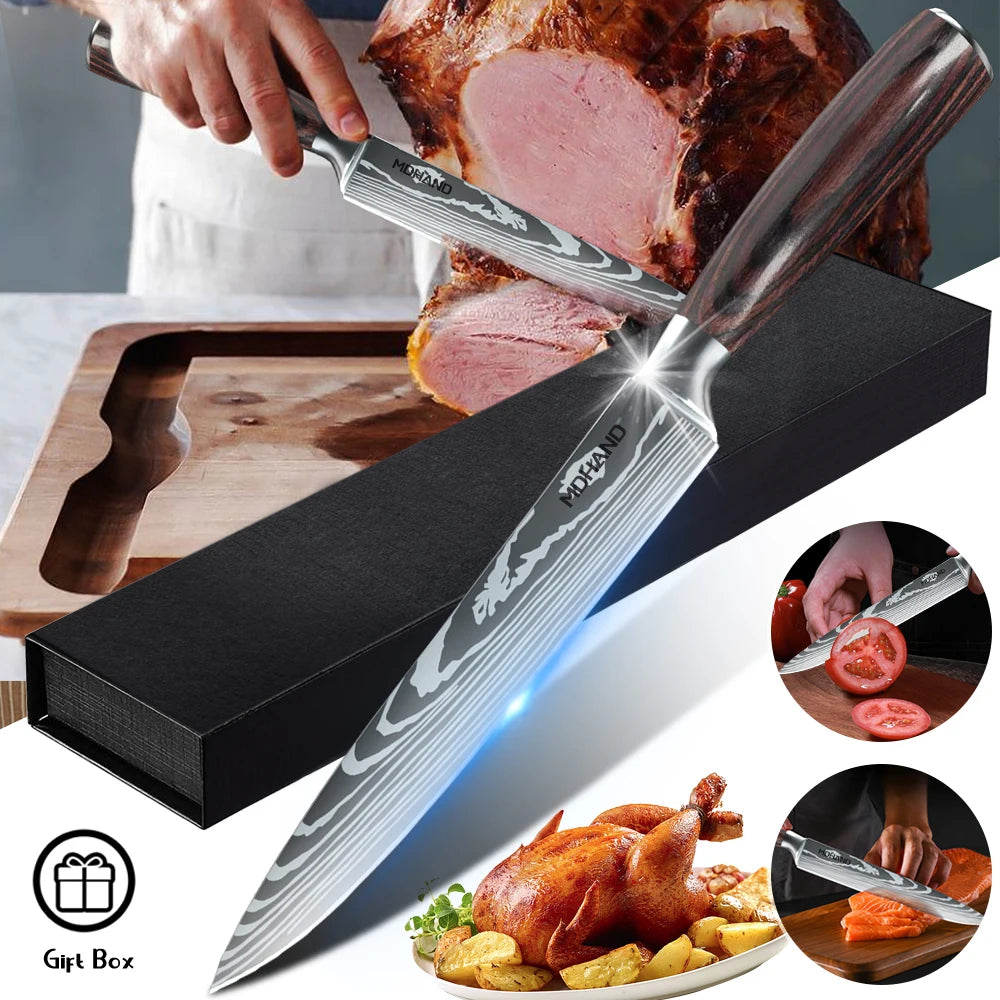 MDHAND 1-10PCS Chef knife Japanese Kitchen Knives Set Professional Laser Damascus Pattern Stainless Steel Cleaver Slicer Knife