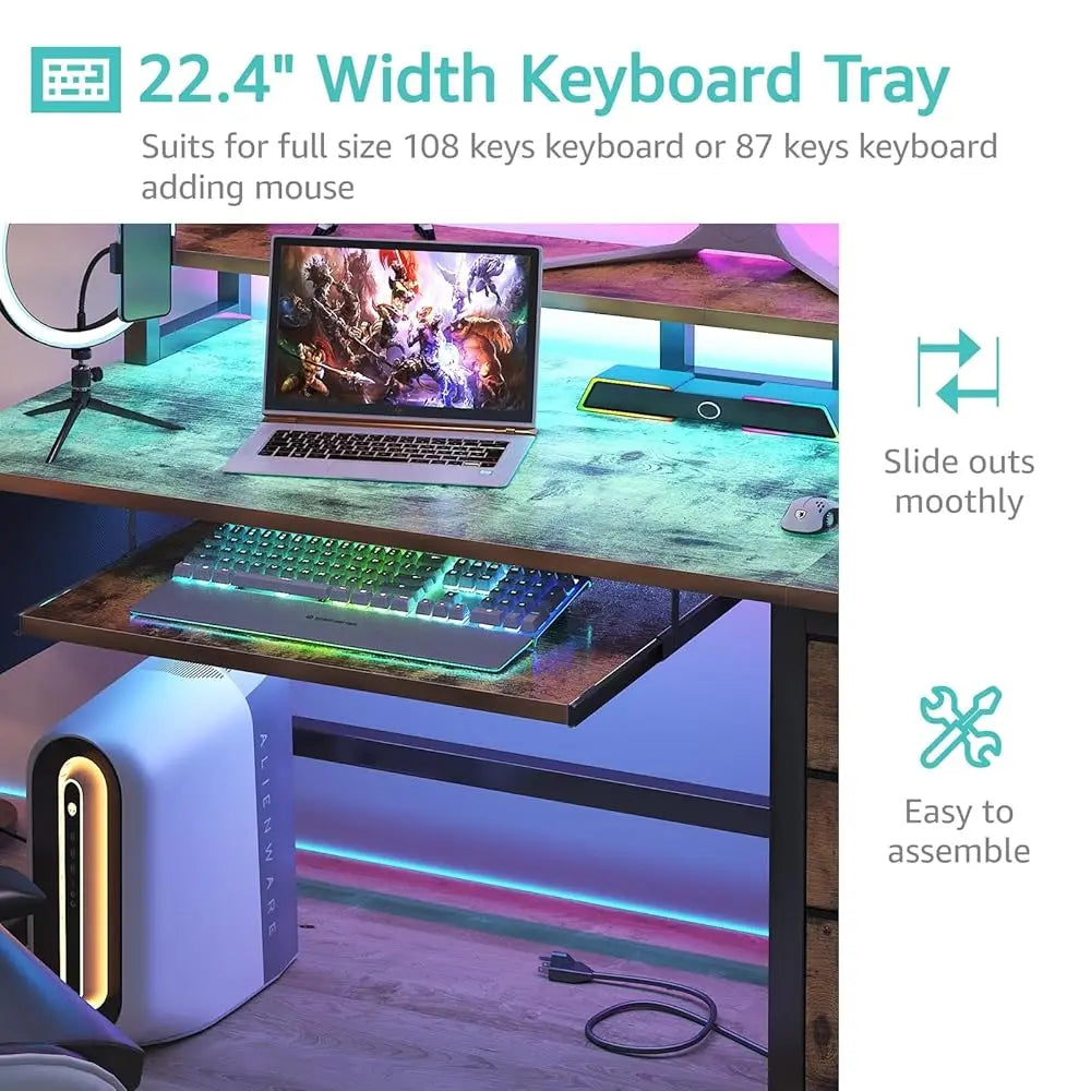 Computer Desk With File Drawers Cabinet, 47 H Home Office Desks With Keyboard Tray, Gaming Desk With Led Lights And Power