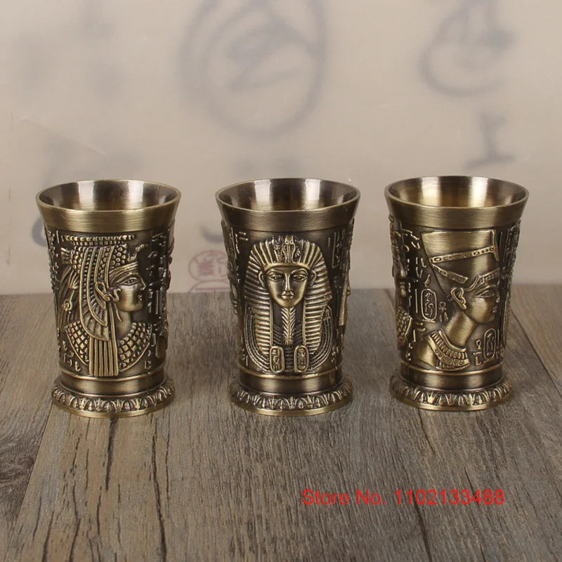 3 Pcs Lot Bronze Shot Glass Retro Egypt Small Wine Tasting Glasses 3D Relief Rameses Metal Baijiu Cup Liquor Spirits Soju Cups