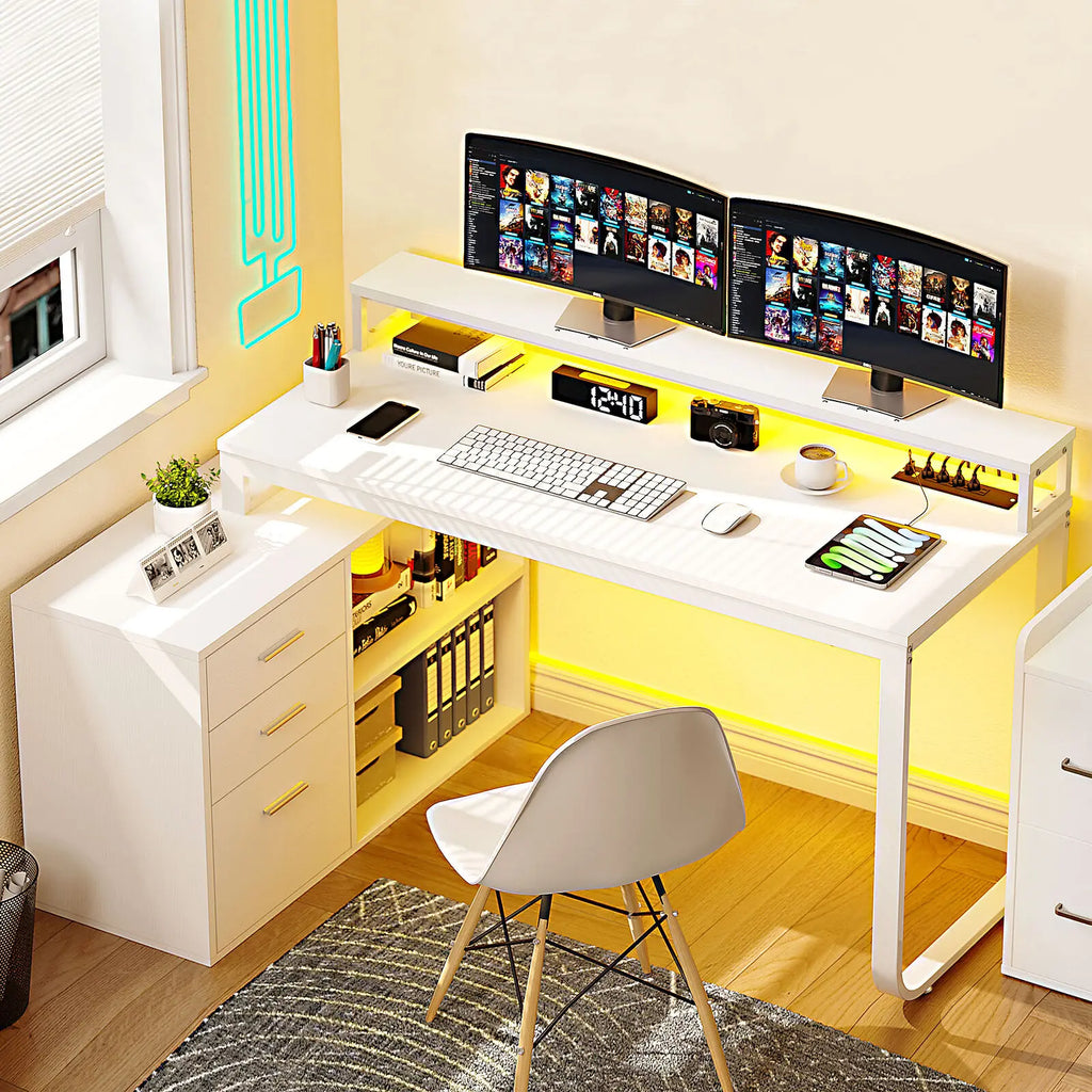 L-Shaped Gaming Computer Desk Home Office Desk File Drawers