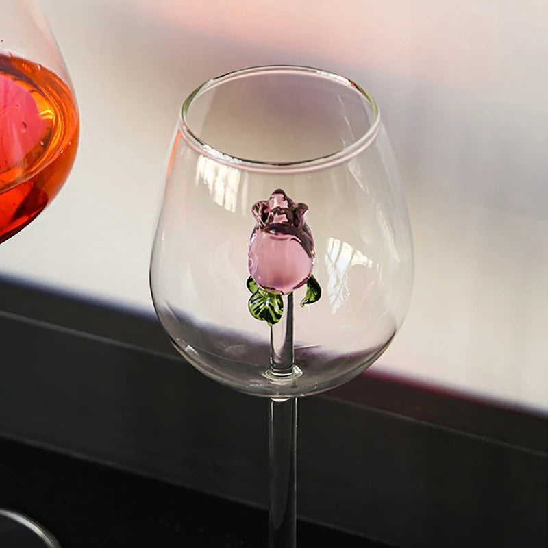 Creative 3D Pink Glass Rose Build-In Red White Wine Glasses Cup Drinkware Goblet Champagne Flute Household Lovely Valentine Gift