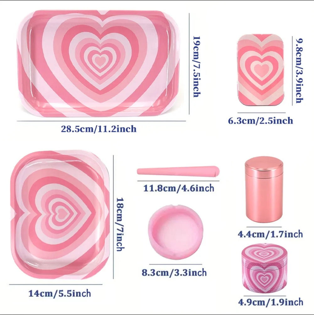 7pcs/set Pink Love Pattern Smoking Set Metal Rolling Tray Tobacco Herb Herbal Grinder Ashtray Tin Box Gifts  Smoking Accessory