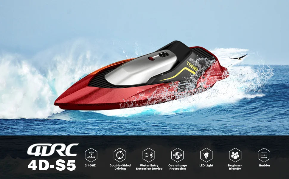 4DRC S5 RC Boat for Pools and Lakes, 2.4 GHz 20+ MPH Racing Boats, Rechargeable Battery,Low Battery Alarm,Gifts