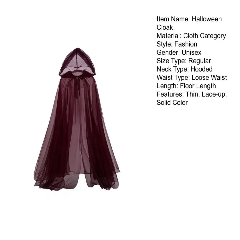 Halloween Ghost Cosplay Costume Cloak Adult Hooded Lace-up Witch Cloak Costume Full-Length Sheer Cape with Oversized Hood